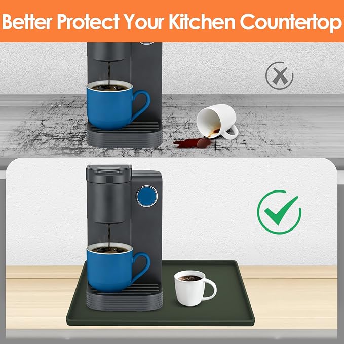 Silicone Coffee Maker Mat with Lip for Countertops, 15.7''x11.8'', Green | Multi leak-proof coffee tray for countertop, non-slip silicone mat fits most coffee makers & espresso machines, wipe-clean