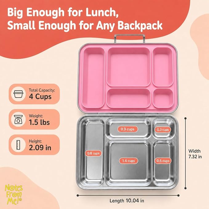 Stainless Steel Bento Lunch Box for Kids – 5 Leakproof Compartments, Food-Grade 304 Steel, Plastic-Free BPA-Free Kids Bento Box for School, Daycare & Travel - Pink