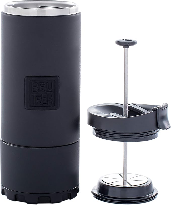 BruTrek | OVRLNDR Travel French Press | 24 fl.oz Drinkable Lid | Black | Capacity, Double Wall Vacuum Insulated, Easy To Clean Removable Bottom, No Spill Lid, On The Go Coffee Brewing (Obsidian)