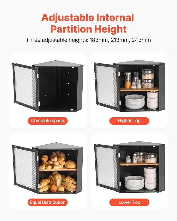VEVOR Corner Bread Box for Kitchen Counter, Double Layer Large Capacity Bamboo Bread Storage Container, Farmhouse Wooden Breadbox for Homemade Bread, Storage Holder Bin with Acrylic Wavy Door, Black