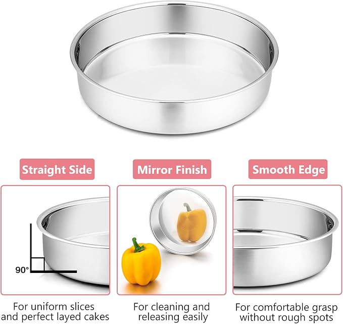P&P CHEF Cake Pan Set of 3, 4" + 6" + 8" Round Baking Layer Cake Pan Tin | Stainless Steel & Mirror Finish, Bakeware for Birthday Weeding Anniversary, Heavy Duty & Non Toxic, Oven & Dishwasher Safe
