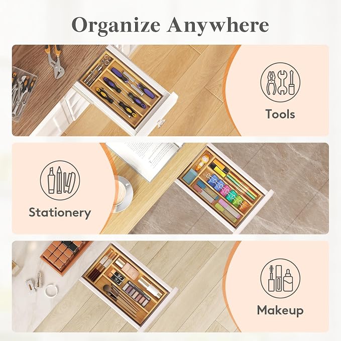 Lifewit Bamboo Silverware Tray for Drawer, 6.7 x 12 | Utensil Organizer for Kitchen, Flatware and Cutlery Holder, Storage for Spoons Forks Knives, Natural