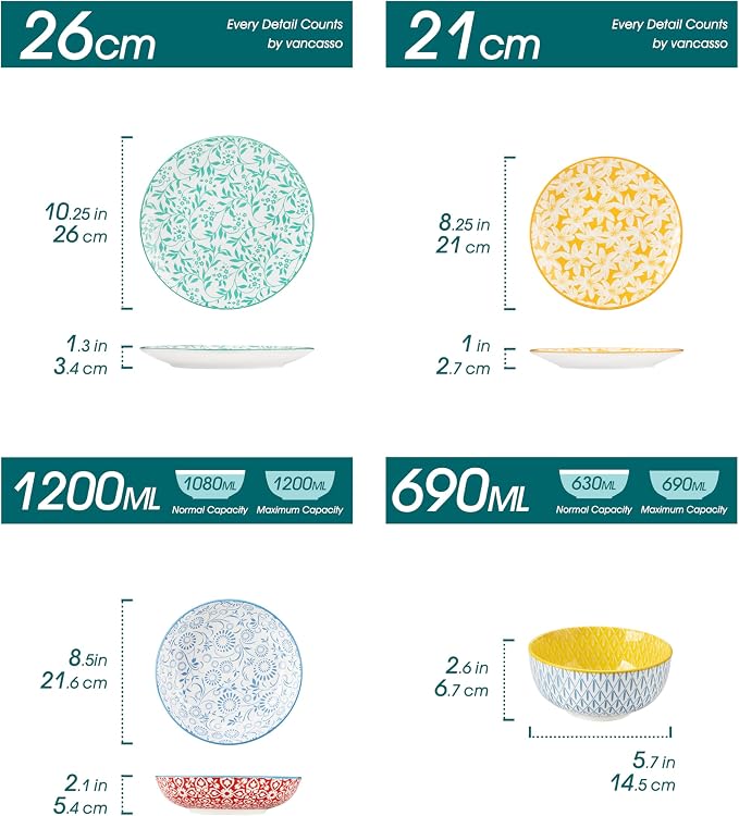 vancasso SELENE Plates and Bowls Set for 6, 24 Pieces Dinnerware Sets, Mircowave and Dishwasher Safe Dishes Set, Porcelain Pastel Dinnerware