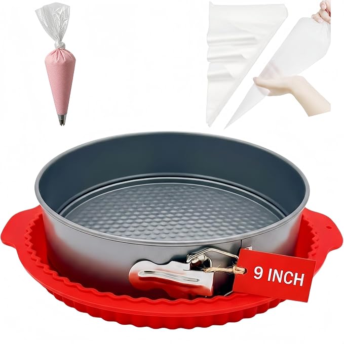 9 Inch Springform Pan with Silicone Water Bath Tray & 30 24-Inch Piping Bags – Nonstick Leakproof Cheesecake Pan, PFOA-Free, Oven & Air Fryer Safe 450°F, 24-Inch Pastry Bags