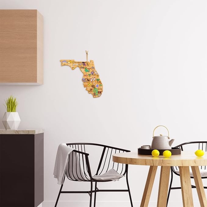 Totally Bamboo Florida State Shaped Cutting Board, Art by Fish Kiss | State charcuterie board with colorful hand-drawn map artwork. Smooth reverse side for food prep. Hang tie for wall display.