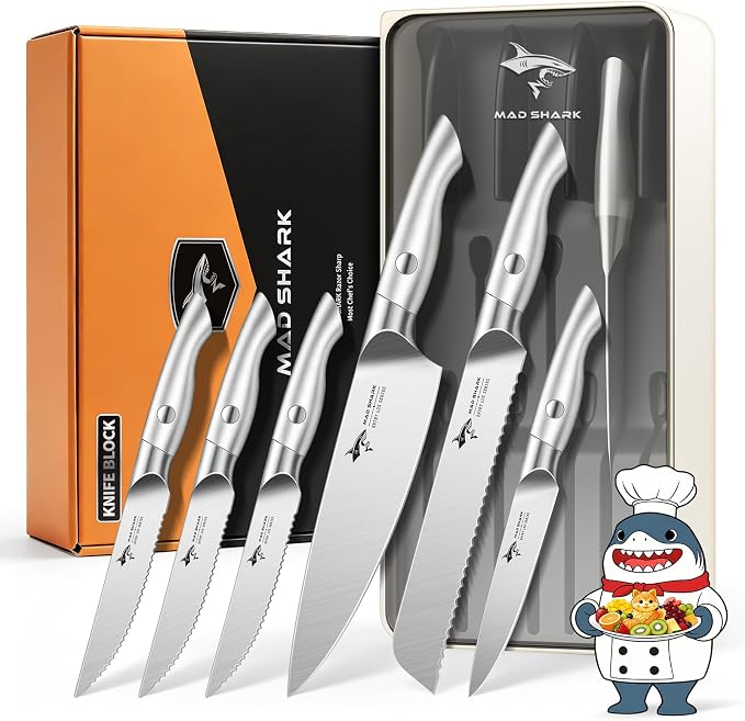 MAD SHARK Knife Set, Kitchen Knife Block Sets 8Pcs | High Carbon Stainless Steel, Ultra Sharp Kitchen Knives Sets, Non-Slip Ergonomic Handle,Includes Drawer Organizer, Gift Box