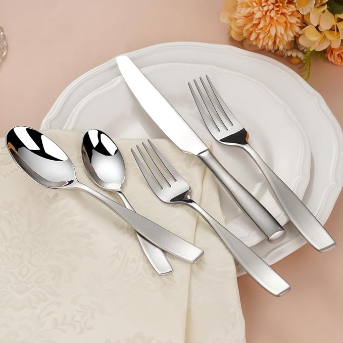 40-Piece 18/10 Heavy Flatware Set for 8, Thick Handle Forged Stainless Steel Silverware, Dishwasher Safe, Ideal for New Home Essentials Gift