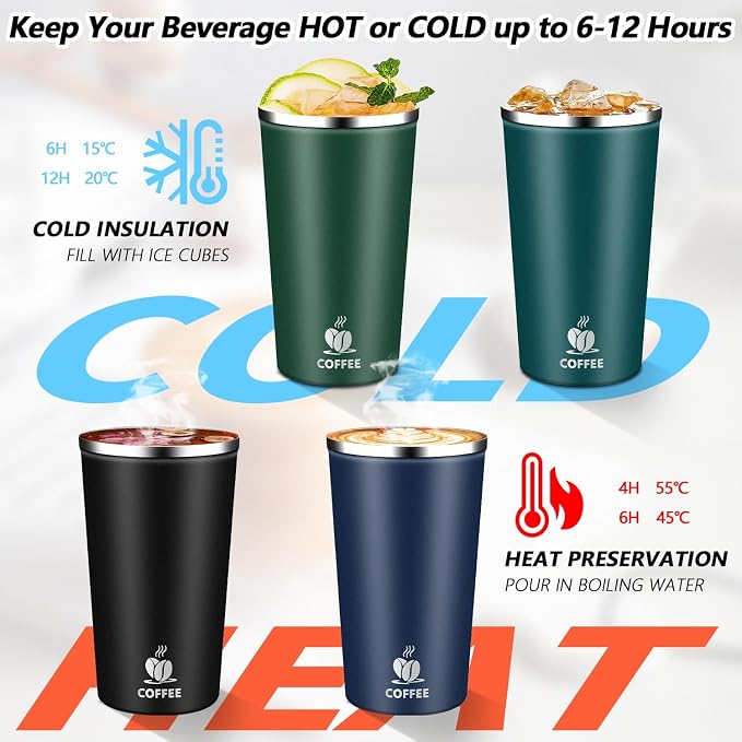 Insulated Travel Coffee Mug Reusable Coffee Tumbler Cup with Flip Lid Leak Proof Spill Proof for Office School Party Camping Hot and Cold Drink,Stainless Steel 17oz (Dark Green)