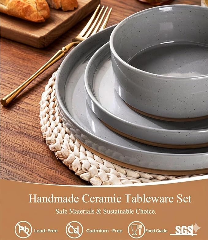 AmorArc Stoneware Dinnerware Sets for 4,12Pcs Plates and Bowls Set | Handmade Ceramic Dish Set,Dishwasher & Microwave Safe,Scratch Resistant-Gray