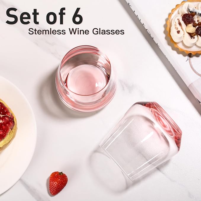 JOVGANK Pink Stemless Wine Glasses Set of 6 - Hand Blown White Red Stemless Wine Glass - 17 oz, [Lead-Free Crystal Glass] Large Short Glass Tumblers, Housewarming Gifts and Mother's Day Gift