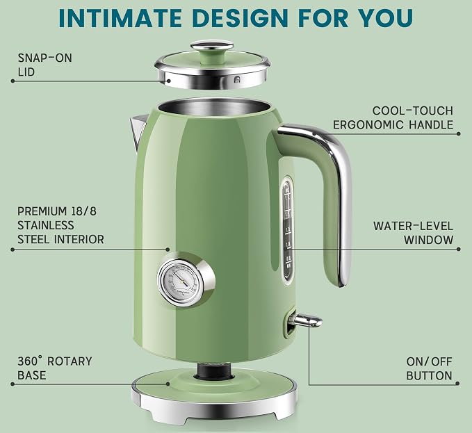 SUSTEAS 57oz Electric Kettle with Thermometer, Hot Water Pot, Retro Green | Electric Tea Kettle for Boiling Water, 1500W Stainless Steel Pot, Cordless LED Indicator, Auto Shut-Off & Boil Dry Protection
