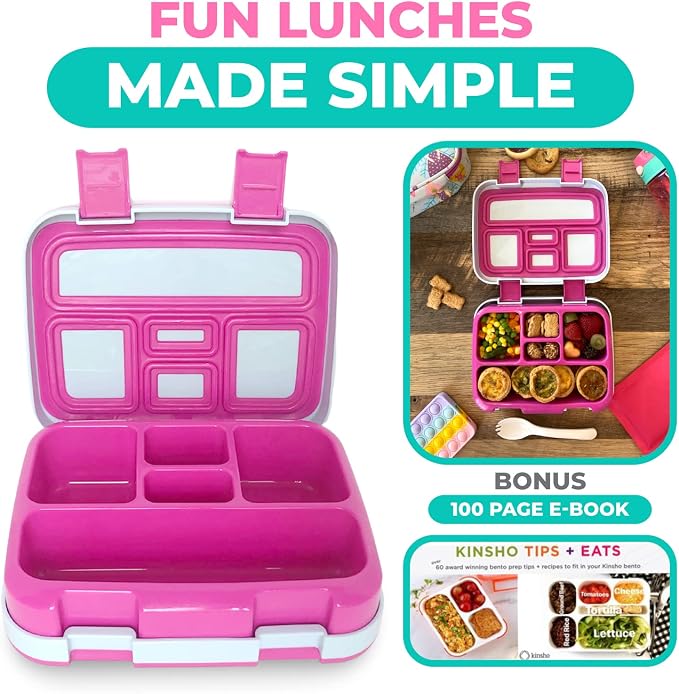 kinsho Bento Lunch Box Container for Small Kids Girls, Pink Fairy Princess | 5 Portion Sections, BPA-Free Spill-Proof Leakproof Removable Plastic Tray, Snacks and Lunches for Toddlers Pre-School Daycare