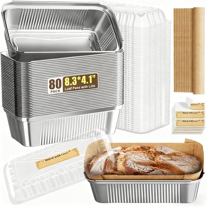 Gyreuni 80 Pack Disposable Aluminum Loaf Pans with Lids, 8.3 x 4.1 Inch | Ideal for baking bread, banana bread, meatloaf, pound cake, brownies and other homemade treats.