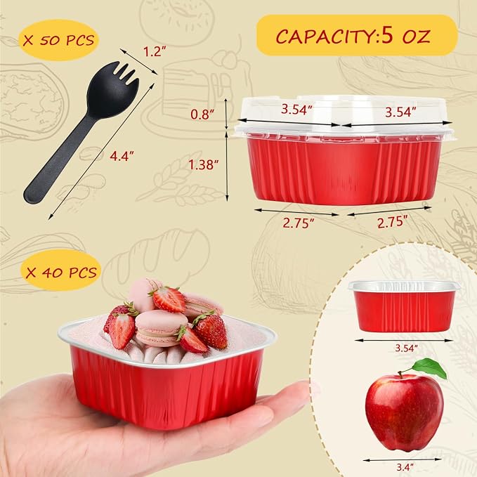 LNYZQUS 5oz Mini Cake Tins with Lids and Spoons, Disposable Brownie Pans | 40 Pack, Aluminum Foil, Square Cupcake Baking Cups, Individual Dessert Containers for Christmas, Red