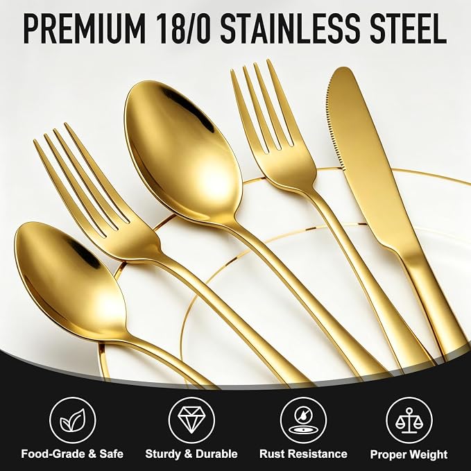 21Pcs Stainless Steel Gold Silverware Set with Organizer Eating Utensil Set | Heavy Duty Kitchen Dish Cutlery Sets for 4 Forks Spoons and Knives Set Tableware Dinnerware Flatware Set Dishwasher Safe