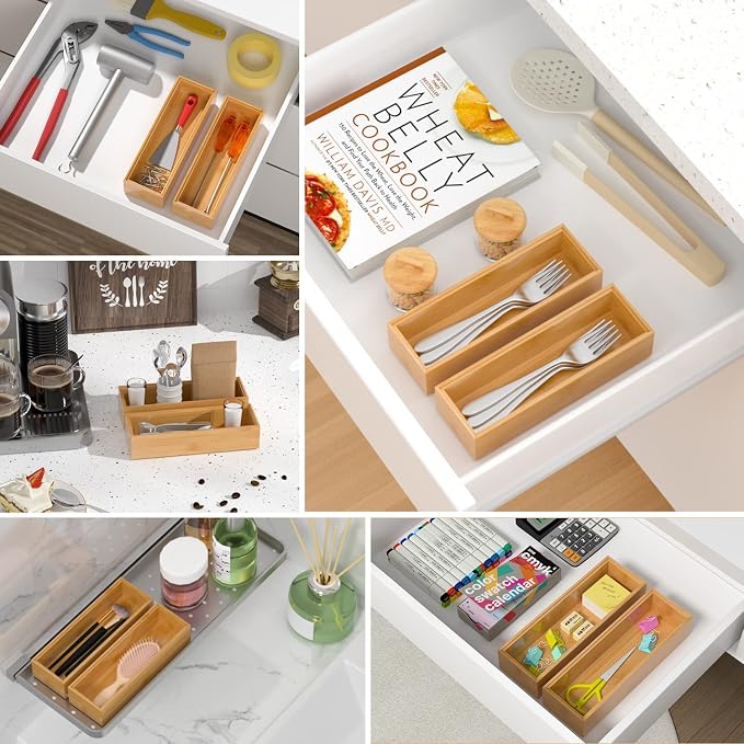 VeyFey Silverware Tray for Drawer, Stackable Kitchen Bamboo Drawer Organizer 9" x 3" x 2" Set of 2
