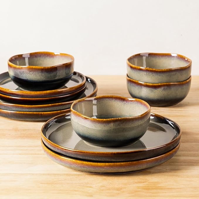 Ceramic Dinnerware Set for 8, 24-Piece Plates and Bowls Set | Handmade Reactive Glaze Dish Set, Scratch Resistant, Oven & Microwave & Dishwasher Safe, Coffee Bean