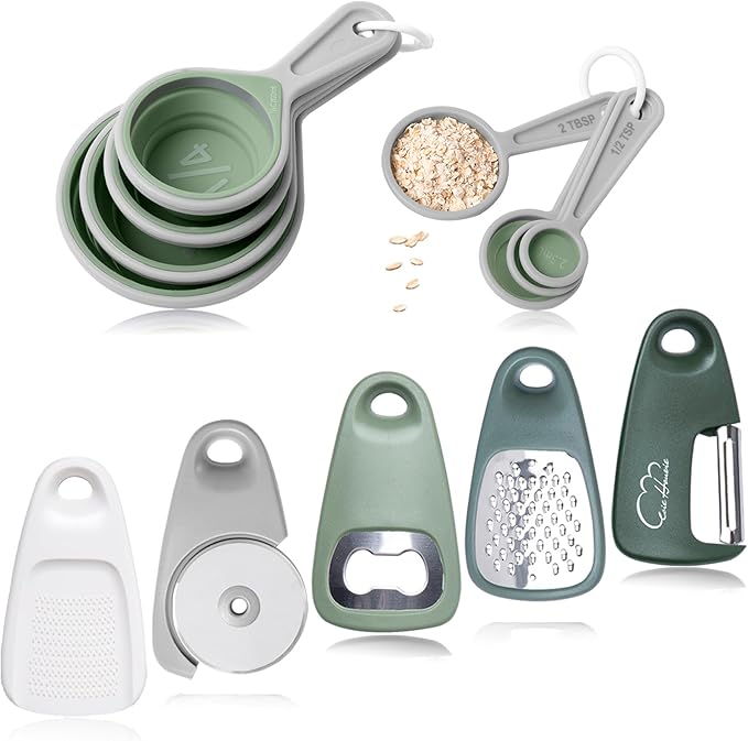 Kitchen Gadgets Set 13 Piece, Space Saving, RV Essentials, Green | Space Saving Cooking Tools, Collapsible Measuring Cups, Measuring Spoons, Stackable Kitchen Gadgets for Small Space