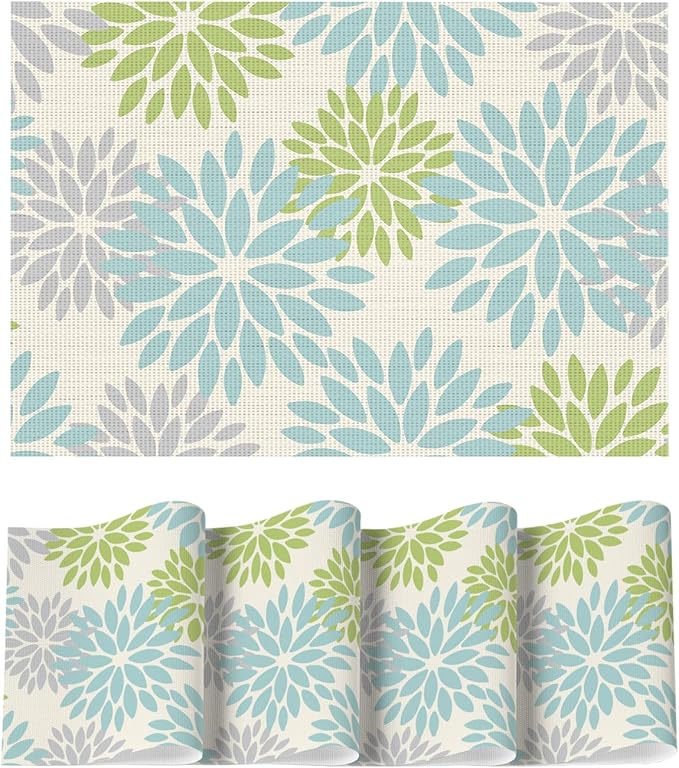 Artoid Mode Floral Vinyl Plastic Placemats Set of 4, 12x18 Inch Washable Non-Slip PVC Place Mats for Party Kitchen Dining Decor, Sage