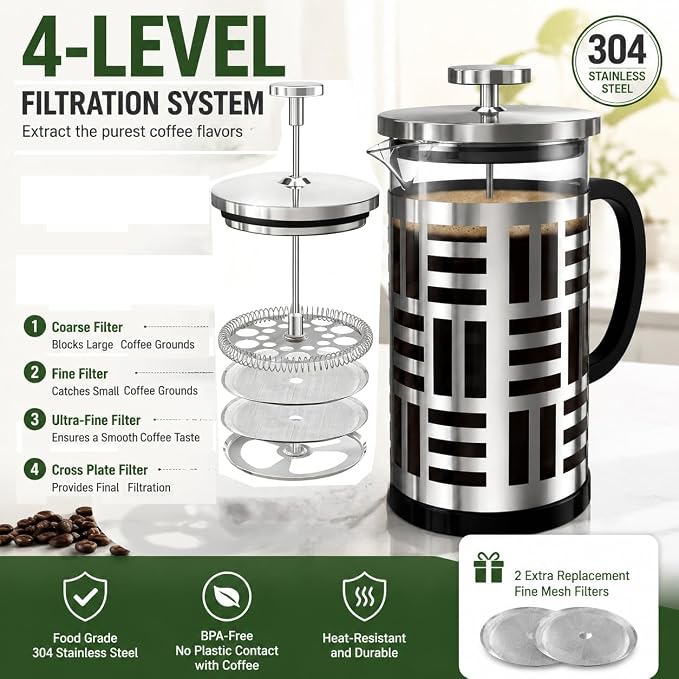 French Press Coffee Maker 34 oz, Glass Coffee Press Plastic-Free Brewer | Thickened Glass Stainless Steel, for Coffee, Cold Brew,Tea & Cocoa, With Extra Filter