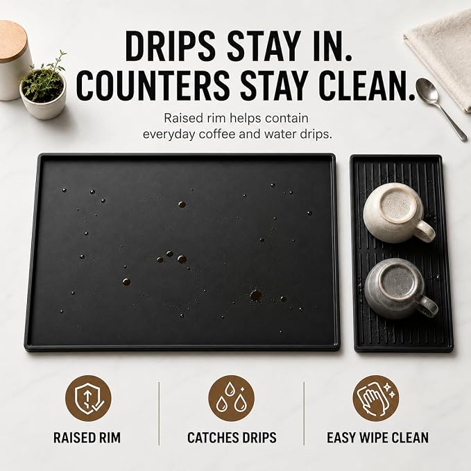 Silicone Coffee Mat 24 x 16 in with Tray, Classic Black | Coffee bar mat for countertop use, coffee station mat or coffee machine mat with removable tray and 0.47 in raised rim.