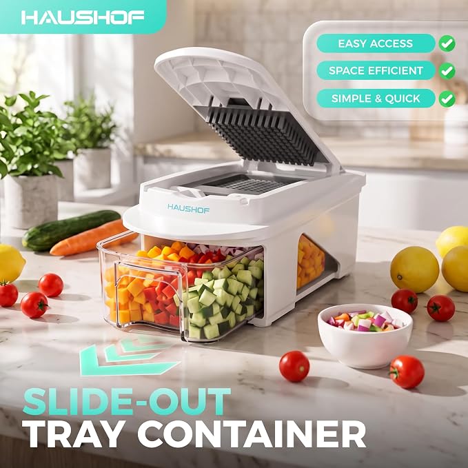 HAUSHOF All-in-1 Vegetable Chopper and Mandoline Slicer,13 Blades | Veggie Chopper and Spiralizer for Kitchen ,Dicer and Grater, Kitchen Prep Tool with Slide-Out Tray Container & Safety Holder