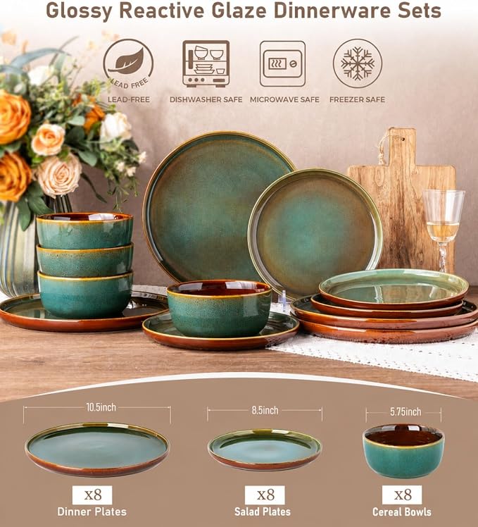 GBHOME Dinnerware Sets for 8, 24 Pieces Ceramic Plates and Bowls Set | Scratch Resistant Stoneware Dishes Set, Dishwasher & Microwave Safe, Reactive Glaze-Brown Green