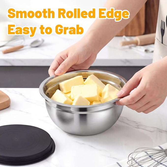 Beasea Mixing Bowls with Lids Set of 3, 1.5 QT Stackable Stainless Steel Mixing Bowls with Black Lids for Baking, Metal Nesting Bowl for Kitchen, Meal Prepping, Cooking and Serving