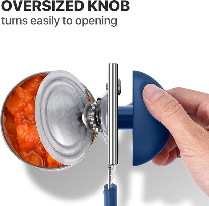 UHIYEE Heavy Duty Hand Can Opener with Comfortable Grip for Seniors, Blue | Manual Can Opener, Hardened Steel Blade, Rubber-Coated Handle, Oversize Knob, Built-in Magnet & Bottle Opener