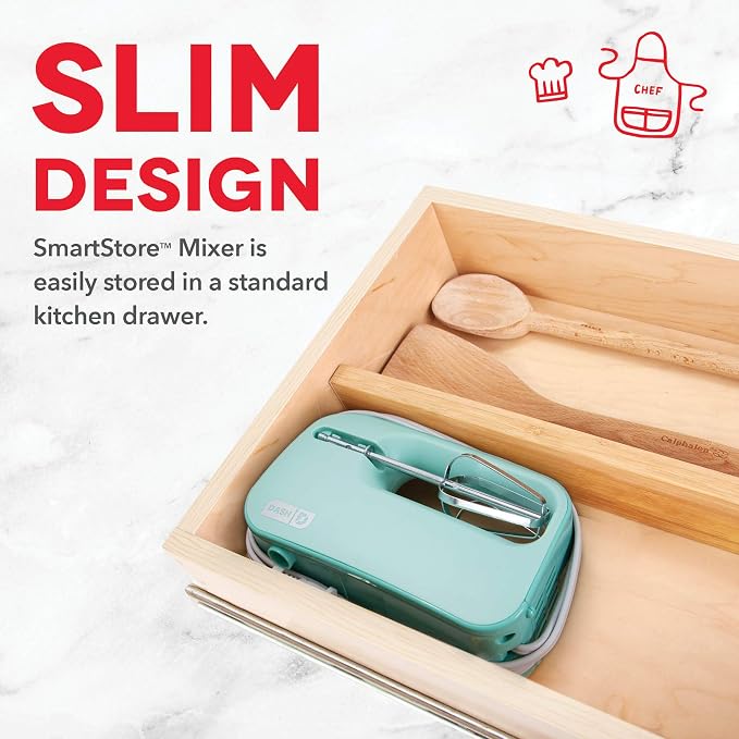 Dash SmartStore Hand Mixer - Electric Handheld Mixer For Everyday Baking - 3-Speed Power and One-Touch Beater Ejector Button - Aqua, Includes Whisk and Milkshake Attachments