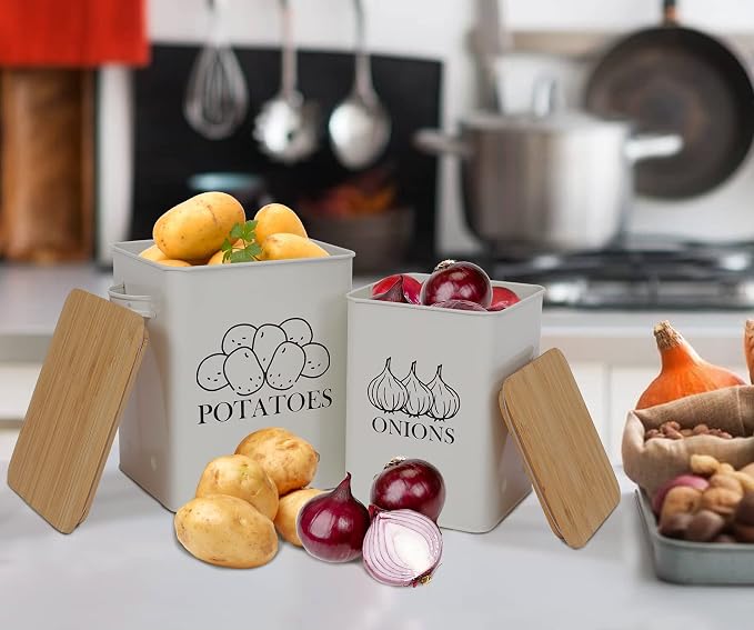 Kitchen Vegetable Storage Tins Set of 2, Onion and Potato Storage Bins with Wooden Lid and Aerating Holes, Garlic Bin Caddy, Vintage Kitchen Decor, White