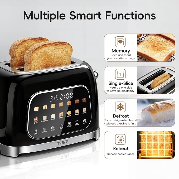 TER Touch Screen Toaster 2 Slice, 1.5" Wide Slot, Stainless Steel, Black | Smart Digital Retro Toaster for Bagel & Thick Breads, 7 Bread Modes & 7 Browning Levels, Memory Function, Defrost & Reheat