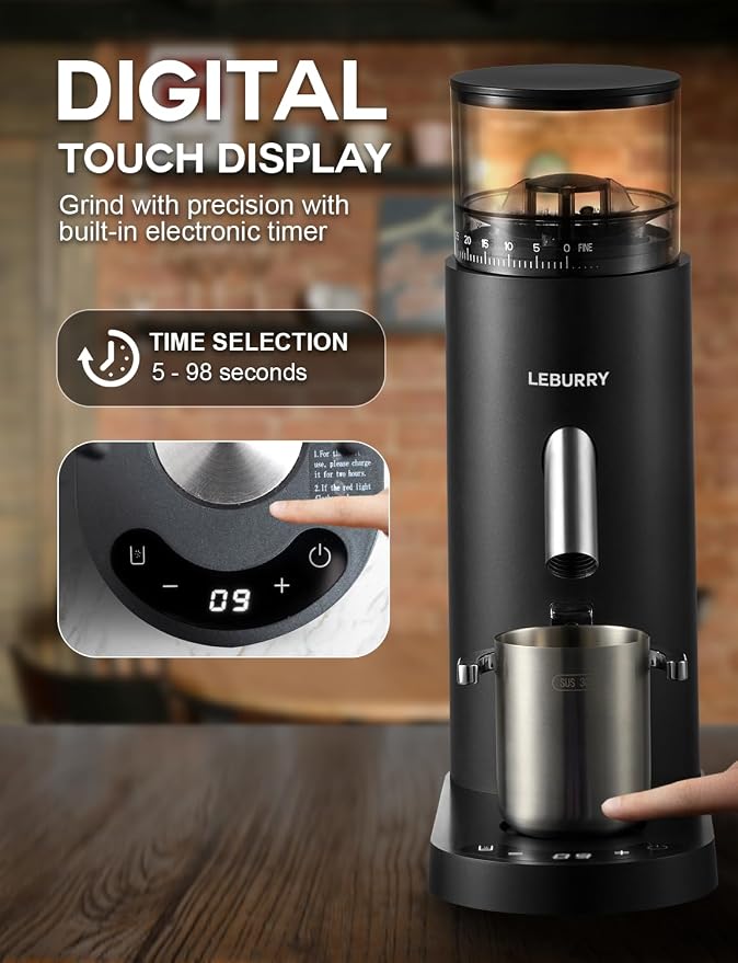 Burr Coffee Grinder – Portable Coffee Bean Grinder with 60 Grind Settings, LCD Timer, 51 & 58mm Portafilter Compatible - Rechargeable Electric Espresso Grinders for Home, Office & Travel