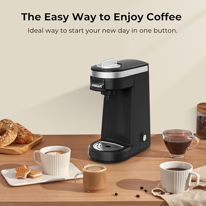 CHULUX Mini Single Serve Coffee Maker for K Pod, Brew Up to 12oz Cup, Black | Fast-Heating Boiler System, Single Cup Brewing, Portable Compact Design, Four-Hole Multi-Stream Needle, Adjustable Drip Tray