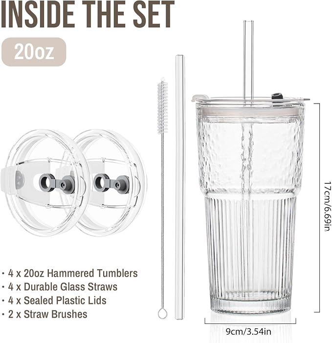 SoulTimes 20oz Wave Ribbed & Wavy Glass Tumbler with Lid and Straw – Iced Coffee Glasses Cups for Smoothie, Matcha, Juice, Water etc. Leakproof and Reusable Glassware Drinking for Travel To Go [4 Pcs]