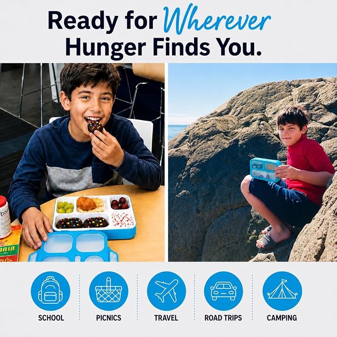 Bento-Box Lunch Box & Portion Control Snack Container Set, Leakproof Lunch-Boxes, Containers for School Meal Prep, Kids Boys Girls Adults, BPA Free, Utensils, Blue Large and MINI 2 pack