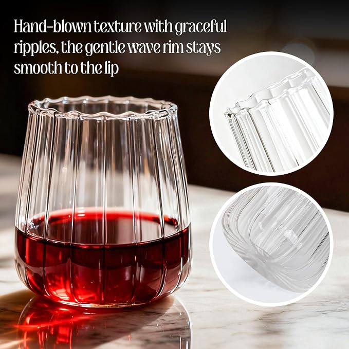 Hand Blown Stemless Wine Glasses Set of 4, 17 oz Borosilicate Glasses with Vertical Ribbed Interior, Lead-Free, Dishwasher Safe, for Red or White Wine and Cocktails