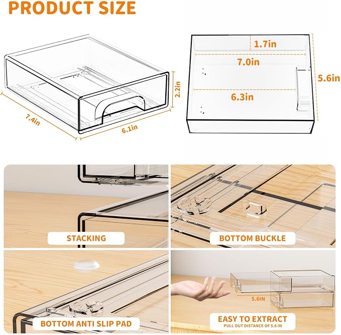 8 Pack Small Clear Stackable Storage Drawers,2.2'' Tall Desk Organization and Storage,Plastic Office Supply Organizer,Acrylic Storage Containers for Makeup,Hair Clip,Accessory,Pen,Art Crafts