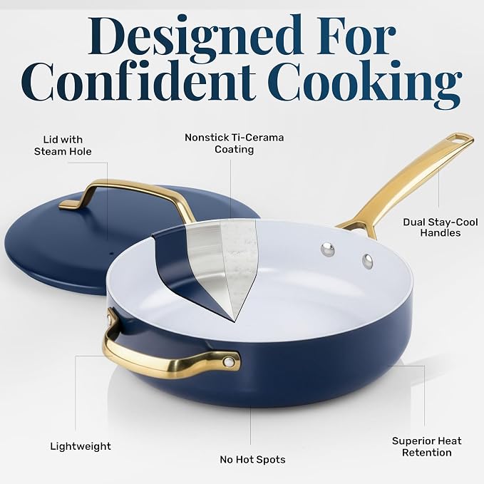 GOTHAM STEEL 4Qt Saute Pan with Lid, 12 Inch Deep Frying Pan | Ceramic Nonstick Coating made without PTFE/PFOA/PFOS, Stay Cool Handles, Oven and Dishwasher Safe