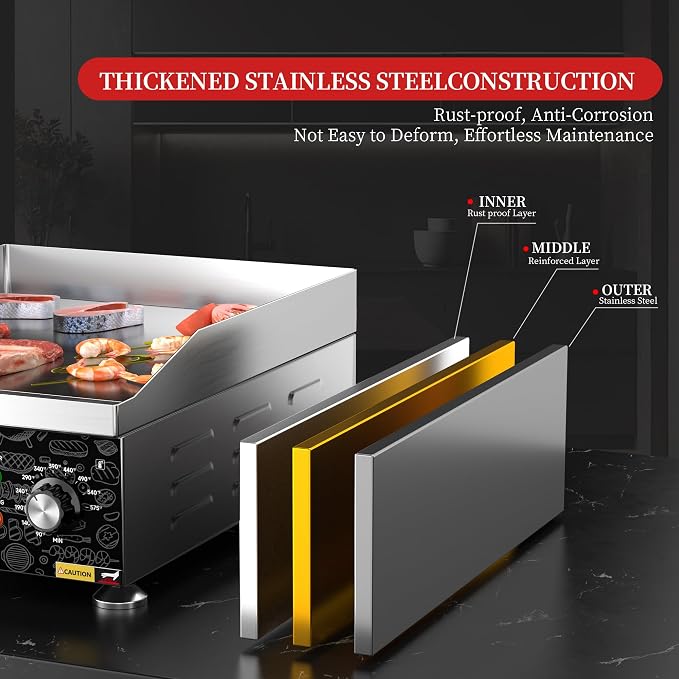 14" Commercial Electric Griddle,Electric Countertop Flat Top Griddle | 110V 1800W Electric Flat Top Grill,Non-Stick Restaurant Teppanyaki Stainless Steel Grill,Adjustable Temperature Control