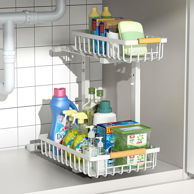 Merrylun Under Sink Organizers,5 Adjustable Height，Metal Pull Out Under Sink Organizers and Storage Shelves with Sliding Drawer, White 1pack（Hight 13.6″-16.9″）
