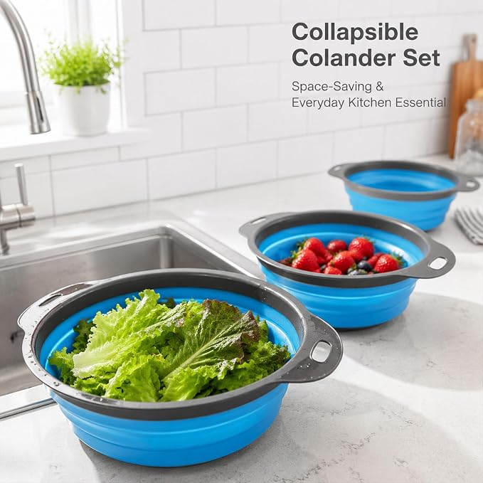 Collapsible Colander Set, 3 Pack Silicone Kitchen Strainer Set, Space Saving Design, Small Round Colander Baskets for Draining Pasta, Vegetable and fruit, (3Qt+4Qt+5Qt)