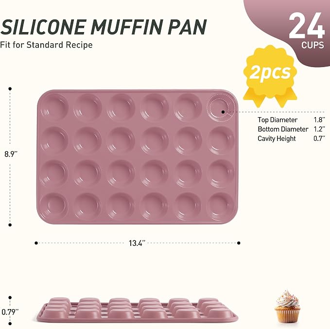 2 Pack 24 Cups Mini Muffin Pan with Metal Reinforced Frame Silicone Molds Cake Pans Egg Bites Silicone Circle Cookie Molds Muffin Tin Tart Pans Non Stick Toxic Oven Safe Baking Sheet Set