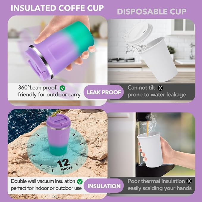 Volhoply 12 oz Double Wall Insulated Vacuum Travel Coffee Mug with Flip Lid,Reusable Stainless Steel Leak Proof Coffee Cup,Portable Iced Cafe Thermal Tumbler for Hot & Cold Drinks(Purple Green,1 Set)