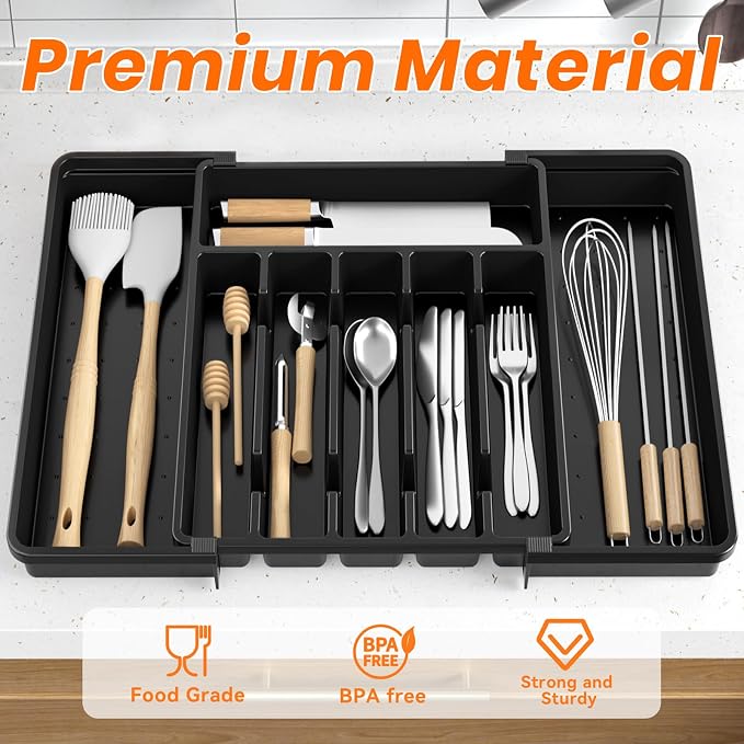 RoomHacks Large Silverware Organizer,Expandable Utensil Drawer Organizer,BPA Free Utensil Holder,Adjustable Silverware Tray Cutlery Drawer Organizer for Kitchen Flatware,Large,Black,2 Pack