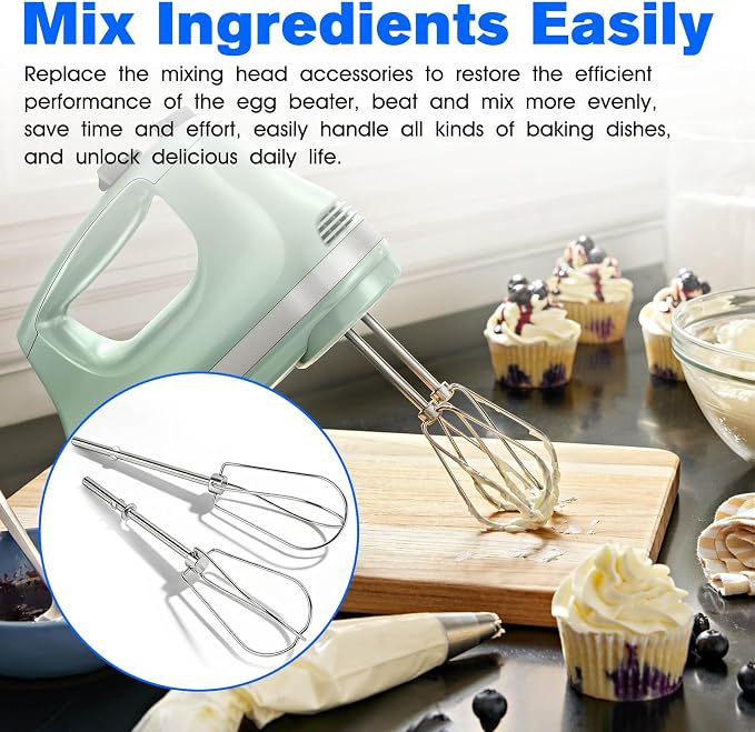 W10490648 Hand Mixer Beaters for KitchenAid, Stainless Steel Turbo Beaters, 2 Pack | Compatible with KitchenAid Mixer Replacement KHM2B AP5644233 PS4082859 Parts