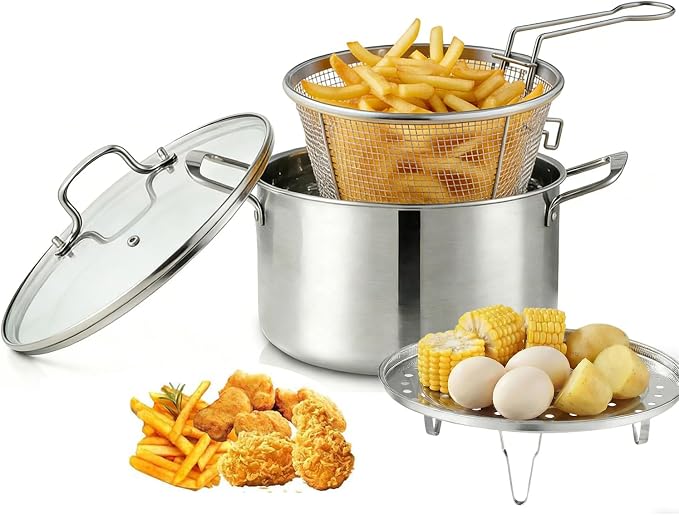 6L/6.4QT Deep Fryer Pot with Basket and Steamer Rack, Stainless Steel Stock Pot Cooking Pot for Pasta, Soup,Spaghetti, Chicken, Deep Cookware for Frying, Canning, Boiling, Simmering