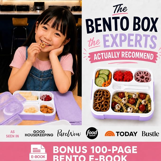 kinsho Glitter Lunch Box Bento-Boxes for Girls, Meal and Snack Containers for Toddler Daycare, School, Travel, 6 Divided Sections, Cute Bentobox, Leak-Resistant, Utensils, Purple Lilac Sparkle