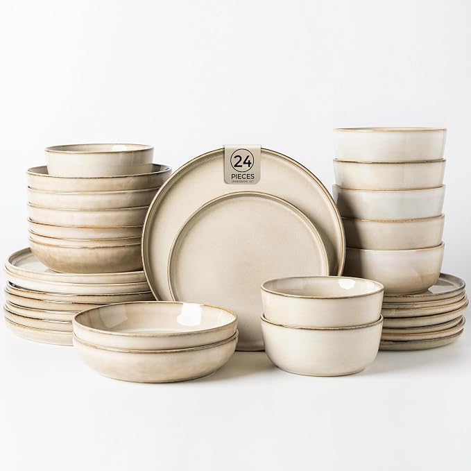 GBHOME Dinnerware Sets for 6, 24 Pieces Ceramic Plates and Bowls Set | Scratch Resistant Stoneware Dishes Set, Dishwasher & Microwave Safe, Reactive Glaze-Cappuccino