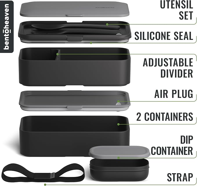 Bentoheaven Bento Box Adult, Stackable Lunch Box, 40 oz, Whispering Gray | BPA-free, leakproof and microwave-safe with 2 compartments, utensils, chopsticks, divider and sauce cup for men and women.